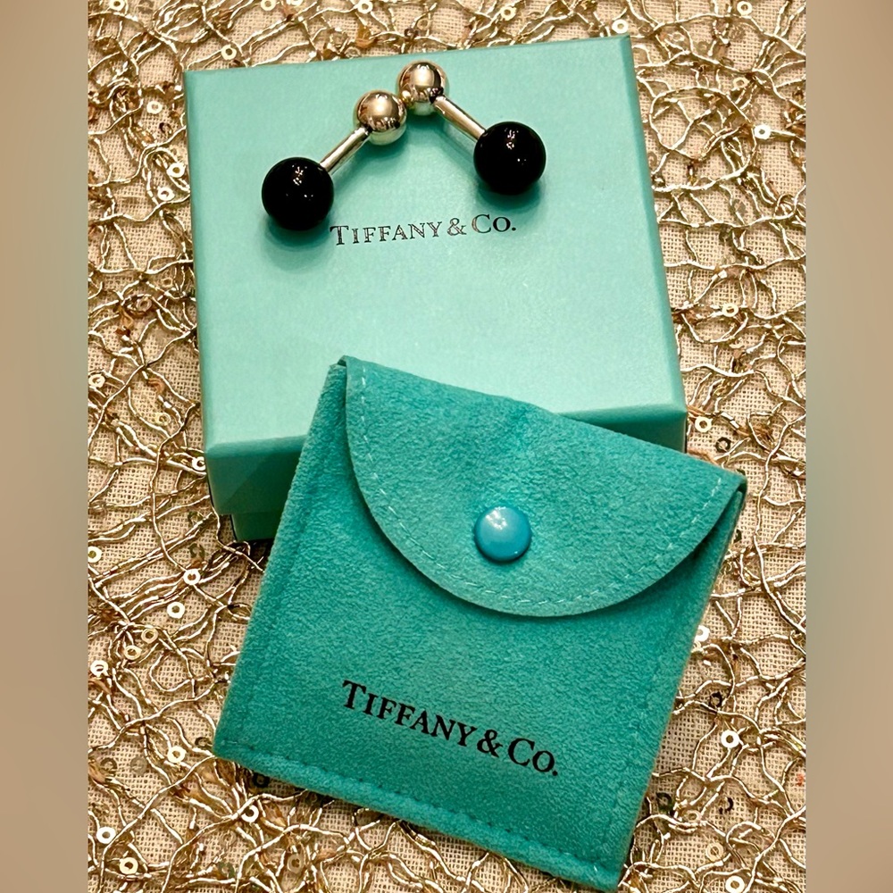 Authentic Tiffany and Co. Sterling Silver and Black Onyx Barbell Cuff Links